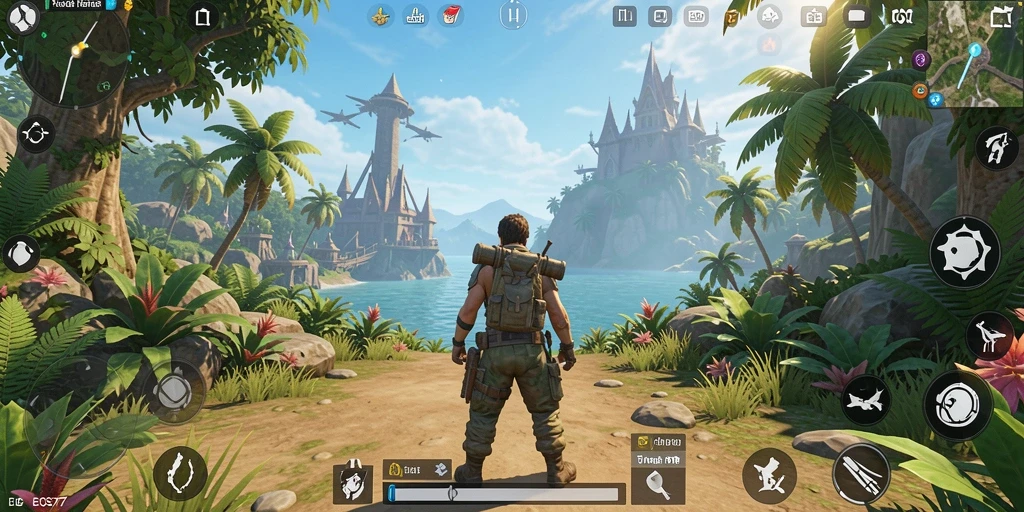 Screenshot gameplay EOS77 menampilkan eksplorasi dunia yang luas.