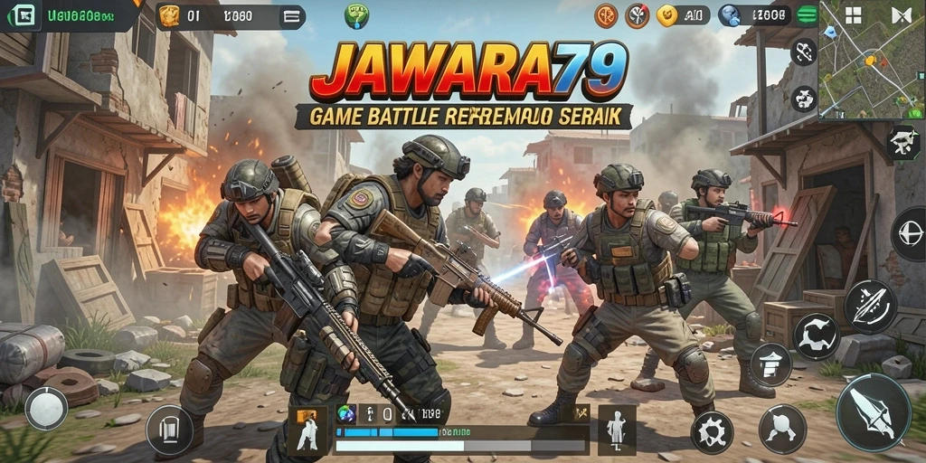 Tampilan penuh aksi gameplay JAWARA79 dalam serangan Battle Royale.