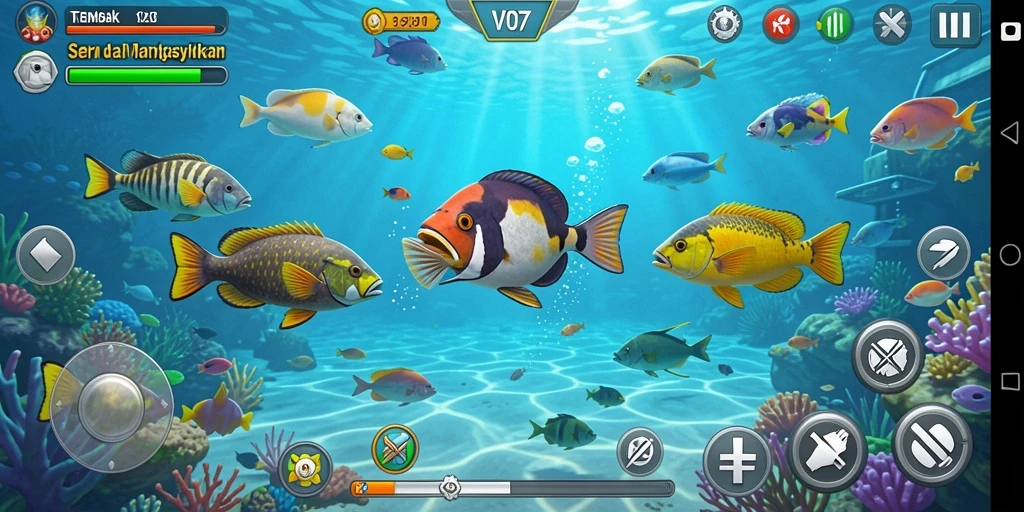 Screenshot gameplay V07 menampilkan aksi menembak ikan yang seru.